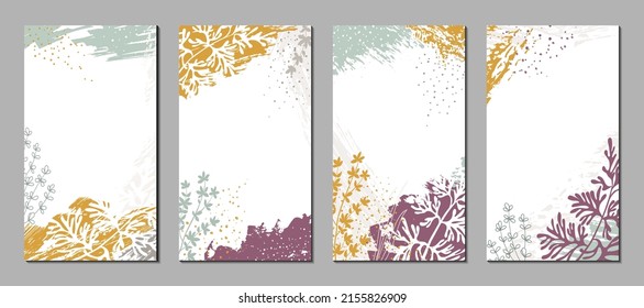 Set of templates for social media posts, stories, banners, covers, greeting cards, branding design. Abstract floral vector backgrounds with organic shapes, plants. Modern illustrations with textures 