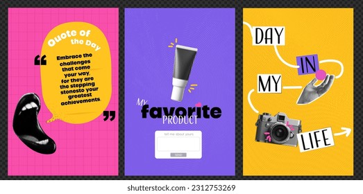 A set of templates for social media posts. Open Mouth with Quote of the Day. My favorite product. A day in my life. Ideas for content. Vector collage style. With yellow and pink and purple colors