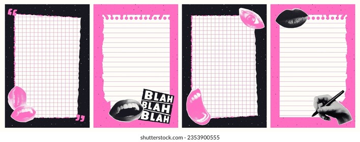 A set of templates for social media posts or stories. Trending posters with halftone collages. Ripped notebook sheets in plaid and line. Can be used for notes or as planner sheets. Vector.