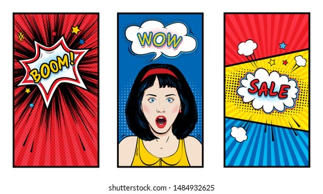 Set of templates for social media stories cover. Surprised woman with Wow pop art face and open mouth. Vector colorful background in pop art retro comic style with speech bubbles