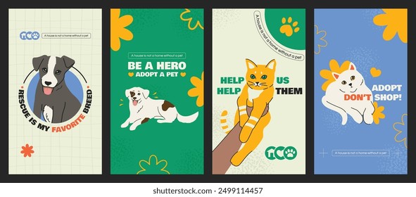 A set of templates for social media stories about adopting cats and dogs. A cute black and white puppy, a ginger kitten, a white cat and a dog. Bright vintage colors, modern banners. Help Us Help Them