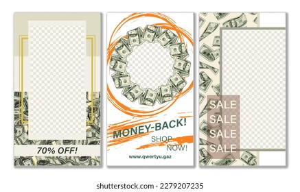 Set of templates for social media story with circular, rectangular frames, 100 US dollar banknotes. Stories layouts include photo frame, advertising text, copy space