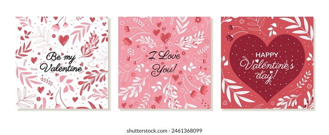 Set of templates for social media for Valentine's Day with hearts, plants, flowers, tulips. Drawing for Valentine's Day, February 14. Vector