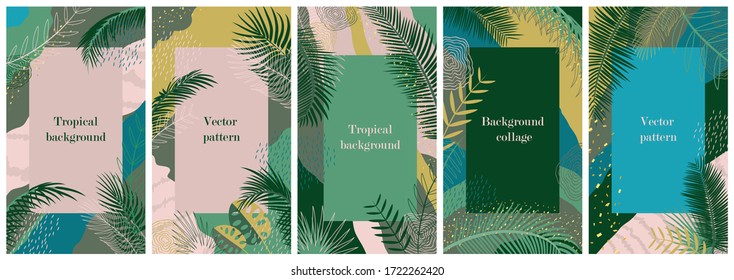 Set of templates for social network stories. Vertical background with space for text. Wallpaper with tropical leaves, palm branches and abstract elements. Summer landscape, greeting card, cover design