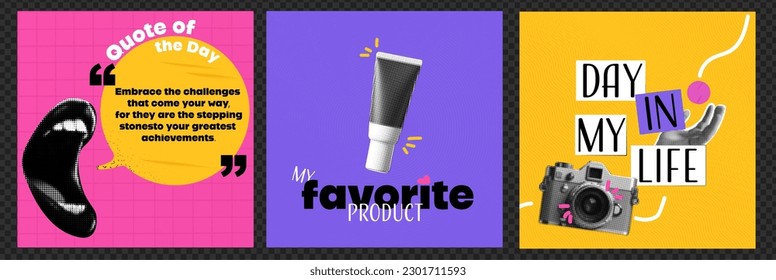 A set of templates for social networking posts. Open Mouth with Quote of the Day. My favorite product. A day in my life. Ideas for content. Vector collage style. Pop art nostalgia - Shutterstock ID 2301711593