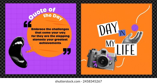 A set of templates for social networking posts. Open Mouth with Quote of the Day. My favorite product. A day in my life. Ideas for content. Vector collage style. 