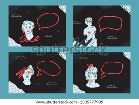 A set of templates for social networks, covers with eccentric Greek sculptures painted with red strokes and a doodle bubble next to them.