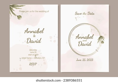 Set of templates in soft beige and pink tones watercolor wedding invitation cards. Abstract minimalist background, invitation, greeting card, multi-purpose vector with watercolor spots and splatters.