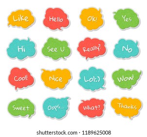 Set of templates speech bubbles with quotes. Colorful denim cartoon stickers with stitches, short messages. Jeans stickers and patch badges in style of comics, pop art