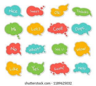 Set of templates speech bubbles with quotes. Colorful denim cartoon stickers with stitches, short messages. Jeans stickers and patch badges in style of comics, pop art