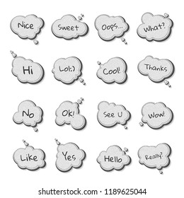 Set of templates speech bubbles with quotes. Denim cartoon stickers with stitches, short messages. Jeans stickers and patch badges in style of comics, pop art
