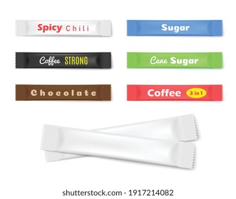 Set templates of spices and instant coffee sachet or stick packagings, realistic vector illustration isolated on white background. Packaging sticks mock up.