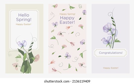 A set of templates for spring greeting cards. Happy easter. Design layout for invitation, congratulations and gift certificate for the shop, beauty salon, spa. Vector illustration.