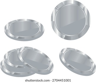 Conjunto de Plantillas de pilas de monedas de diferentes tamaños con textura plateada, metálica, para aplicaciones financieras, business graphics o fichas de juego