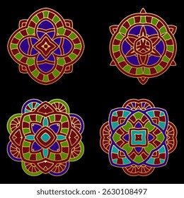 Set of templates, stencils mandala suitable for laser cutting metal, wood carving, coloring, stained glass. Isolated. Patterns and ornaments of the East, Asia, India, Mexico, Aztec, Peru.
