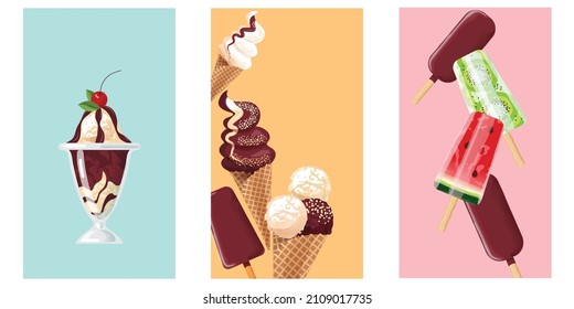 set of templates for stories with ice cream, popsicle and fruit ice. different types of summer dessert are painted with a watercolor effect. colorful backgrounds and ice cream covers. stock vector.