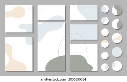 A set of templates for stories and posts. Vector illustration. Abstract spots of pastel beige, muted light blue, curved lines. Square, landscape, portrait. Eps 10.