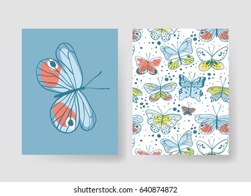 Set of templates for summer cards. Hand drawn vector patterns blue brochures with butterfly. Actual artistic design flyers