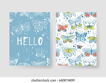 Set of templates for summer cards. Hand drawn vector patterns blue brochures with butterfly. Actual artistic design flyers