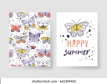 Set of templates for summer cards. Hand drawn vector patterns brochures with butterfly. Actual artistic design