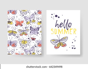 Set of templates for summer cards. Hand drawn vector patterns brochures with butterfly. Actual artistic design