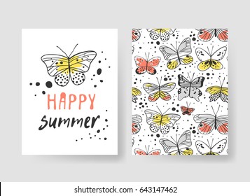 Set of templates for summer cards. Hand drawn vector patterns brochures with butterfly. Actual artistic design