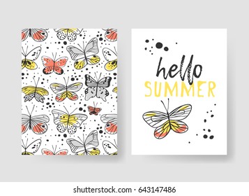 Set of templates for summer cards. Hand drawn vector patterns brochures with butterfly. Actual artistic design