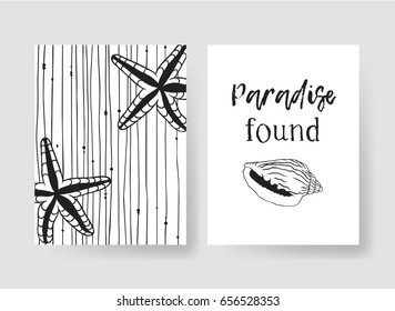 Set of templates summer cards. Hand drawn vector patterns brochures. Actual artistic design in bohemian chic style with sea stars and shells and text Paradise found