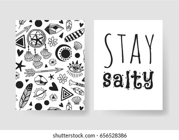 Set of templates summer cards. Hand drawn vector patterns brochures. Actual artistic design in bohemian chic style with sea stars and shells and text Stay salty