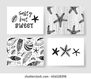 Set of templates summer cards. Hand drawn vector tropical patterns brochures. Actual artistic design in bohemian chic style with sea stars and shells and text Salty but sweet