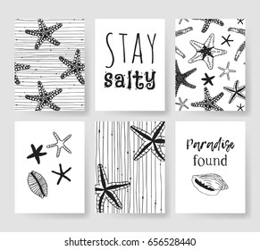 Set of templates summer cards. Hand drawn vector tropical patterns brochures. Actual artistic design in bohemian chic style with sea stars and shells and text