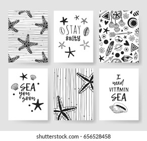 Set of templates summer cards. Hand drawn vector tropical patterns brochures. Actual artistic design in bohemian chic style with sea stars and shells and text