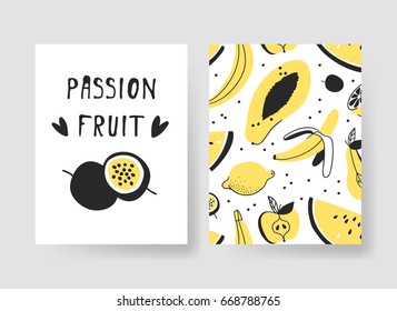 Set of templates for summer cards. Hand drawn vector patterns brochures with ice cream and fruits. Actual artistic design