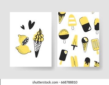 Set of templates for summer cards. Hand drawn vector patterns brochures with ice cream and fruits. Actual artistic design