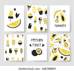 Set of templates for summer cards. Hand drawn vector patterns brochures with ice cream and fruits. Actual artistic design