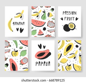 Set of templates for summer cards. Hand drawn vector patterns brochures with ice cream and fruits. Actual artistic design