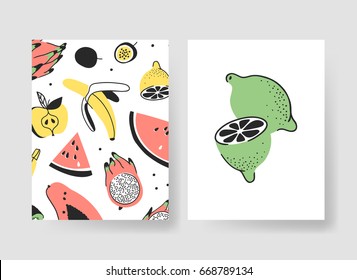 Set of templates for summer cards. Hand drawn vector patterns brochures with ice cream and fruits. Actual artistic design