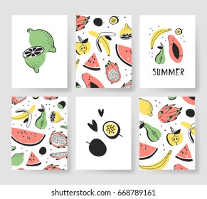 Set of templates for summer cards. Hand drawn vector patterns brochures with ice cream and fruits. Actual artistic design