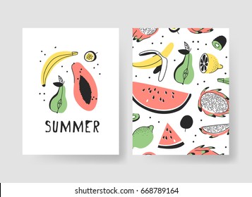 Set of templates for summer cards. Hand drawn vector patterns brochures with ice cream and fruits. Actual artistic design