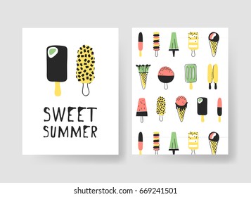 Set of templates for summer cards. Hand drawn vector patterns brochures with ice cream and fruits. Actual artistic design