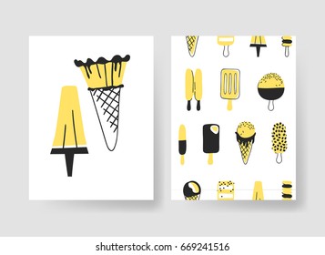 Set of templates for summer cards. Hand drawn vector patterns brochures with ice cream and fruits. Actual artistic design