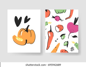 Set of templates for summer cards. Hand drawn vector patterns brochures with veggies. Actual artistic design vegetables