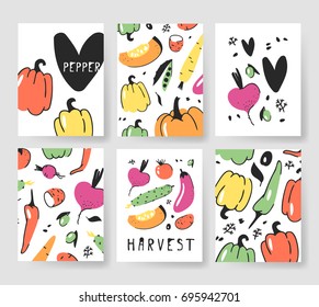 Set of templates for summer cards. Hand drawn vector patterns brochures with veggies. Actual artistic design vegetables