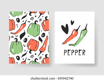 Set of templates for summer cards. Hand drawn vector patterns brochures with veggies. Actual artistic design vegetables