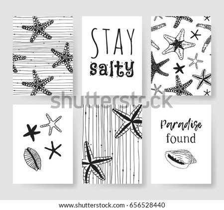 Set of templates summer cards. Hand drawn vector tropical patterns brochures. Actual artistic design in bohemian chic style with sea stars and shells and text