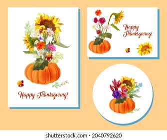 Conjunto de plantillas para el Día de Acción de Gracias. Cartas con calabaza y flores de otoño: lily, girasol, aster, thistle, margarita con fondo blanco. Ilustraciones en el estilo de acuarela para las vacaciones de otoño, vector