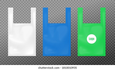 Set templates of three T-shirt plastic bags with empty space for logo placement and identity, realistic vector illustration isolated on transparent background.