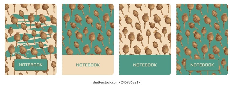 A set of templates for title pages of notebooks or books. Poppy print. Versatile abstract layouts with poppy seeds in vintage colors. For notepads, planners, brochures, books, catalogues.