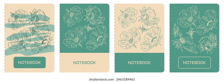 Conjunto de Plantillas para las páginas de título de los blocs de notas o libros. Estampado de flores cósmicas. Diseños abstractos versátiles con flores cósmicas en colores vintage. Para cuadernos, planificadores, folletos, libros, catálogos.