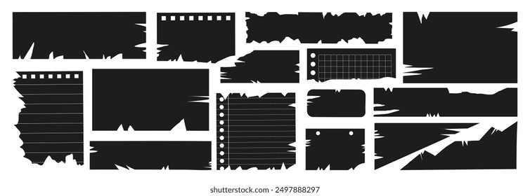 Set of templates of torn sheets with uneven edges. Realistic sheets of paper for design, collages, postcards, posters. Vector.